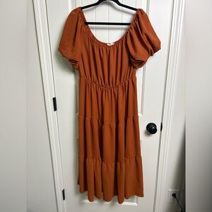 Rust Tiered Midi Dress with Puff Sleeves